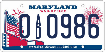 MD license plate 0AD0986