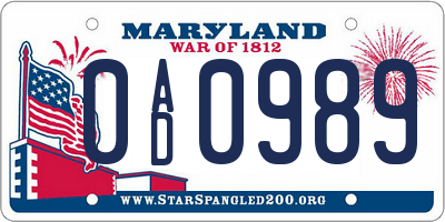 MD license plate 0AD0989