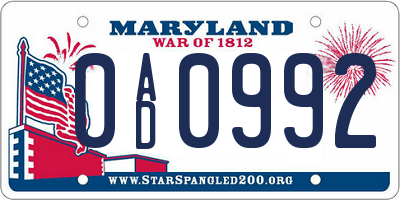 MD license plate 0AD0992
