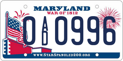 MD license plate 0AD0996