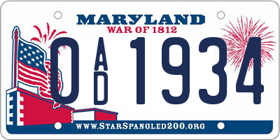 MD license plate 0AD1934