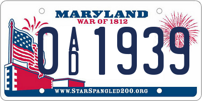 MD license plate 0AD1939