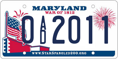 MD license plate 0AD2011