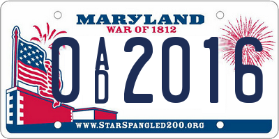 MD license plate 0AD2016