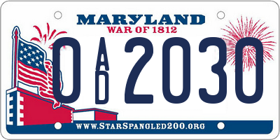 MD license plate 0AD2030