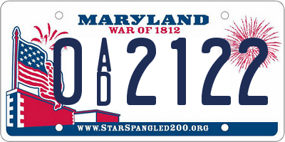 MD license plate 0AD2122