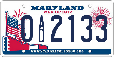 MD license plate 0AD2133