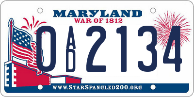 MD license plate 0AD2134