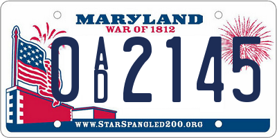 MD license plate 0AD2145
