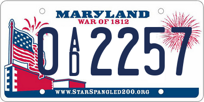 MD license plate 0AD2257