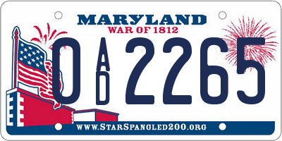 MD license plate 0AD2265