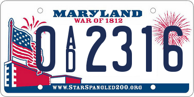 MD license plate 0AD2316