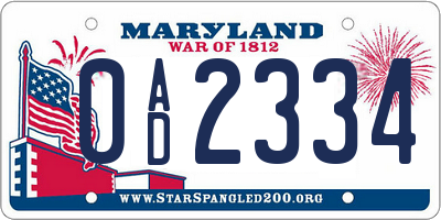 MD license plate 0AD2334