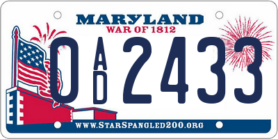 MD license plate 0AD2433
