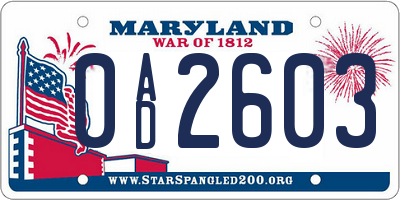 MD license plate 0AD2603
