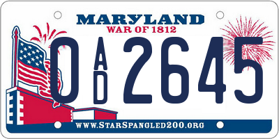 MD license plate 0AD2645
