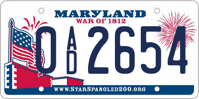 MD license plate 0AD2654