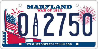 MD license plate 0AD2750