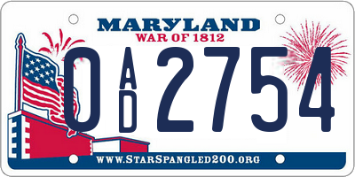 MD license plate 0AD2754