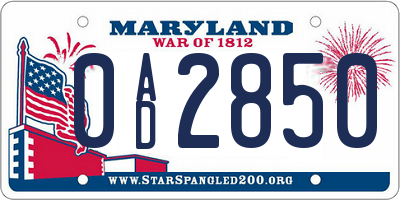 MD license plate 0AD2850