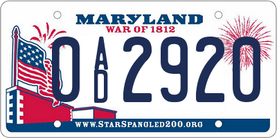 MD license plate 0AD2920