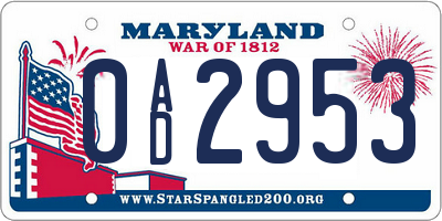 MD license plate 0AD2953