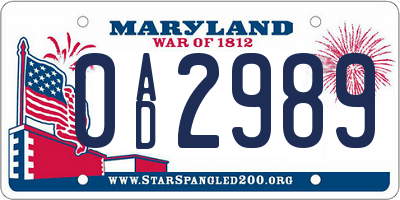 MD license plate 0AD2989