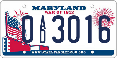 MD license plate 0AD3016