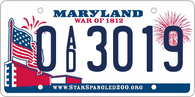 MD license plate 0AD3019