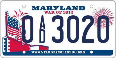 MD license plate 0AD3020