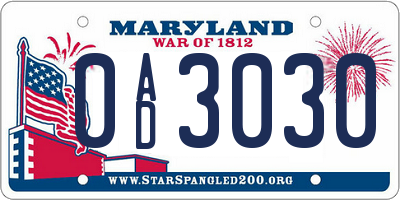 MD license plate 0AD3030
