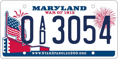 MD license plate 0AD3054