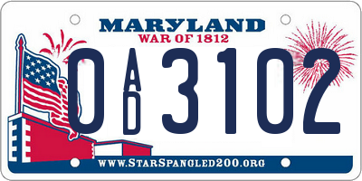 MD license plate 0AD3102