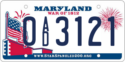 MD license plate 0AD3121
