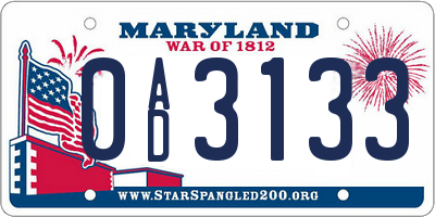 MD license plate 0AD3133