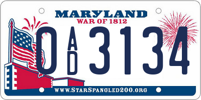 MD license plate 0AD3134