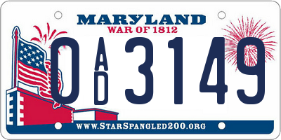 MD license plate 0AD3149