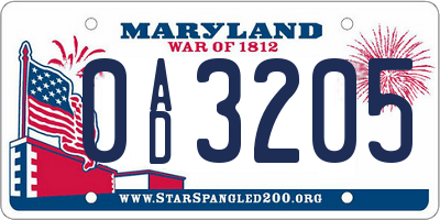 MD license plate 0AD3205