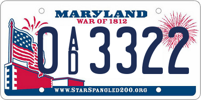 MD license plate 0AD3322
