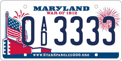 MD license plate 0AD3333