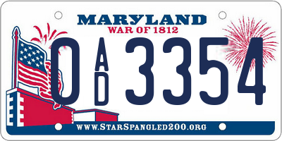 MD license plate 0AD3354