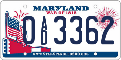 MD license plate 0AD3362