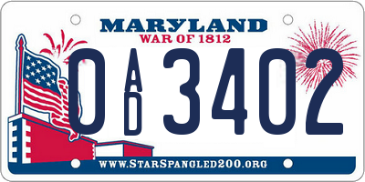 MD license plate 0AD3402