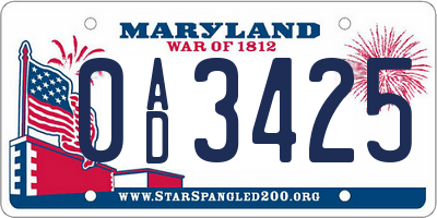 MD license plate 0AD3425