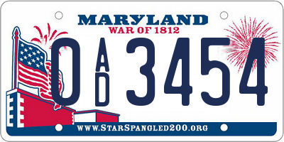 MD license plate 0AD3454