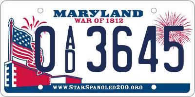 MD license plate 0AD3645