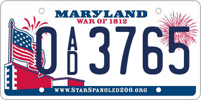 MD license plate 0AD3765
