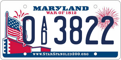 MD license plate 0AD3822