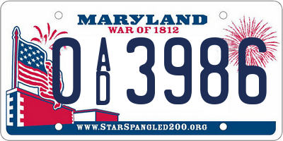 MD license plate 0AD3986
