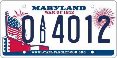 MD license plate 0AD4012